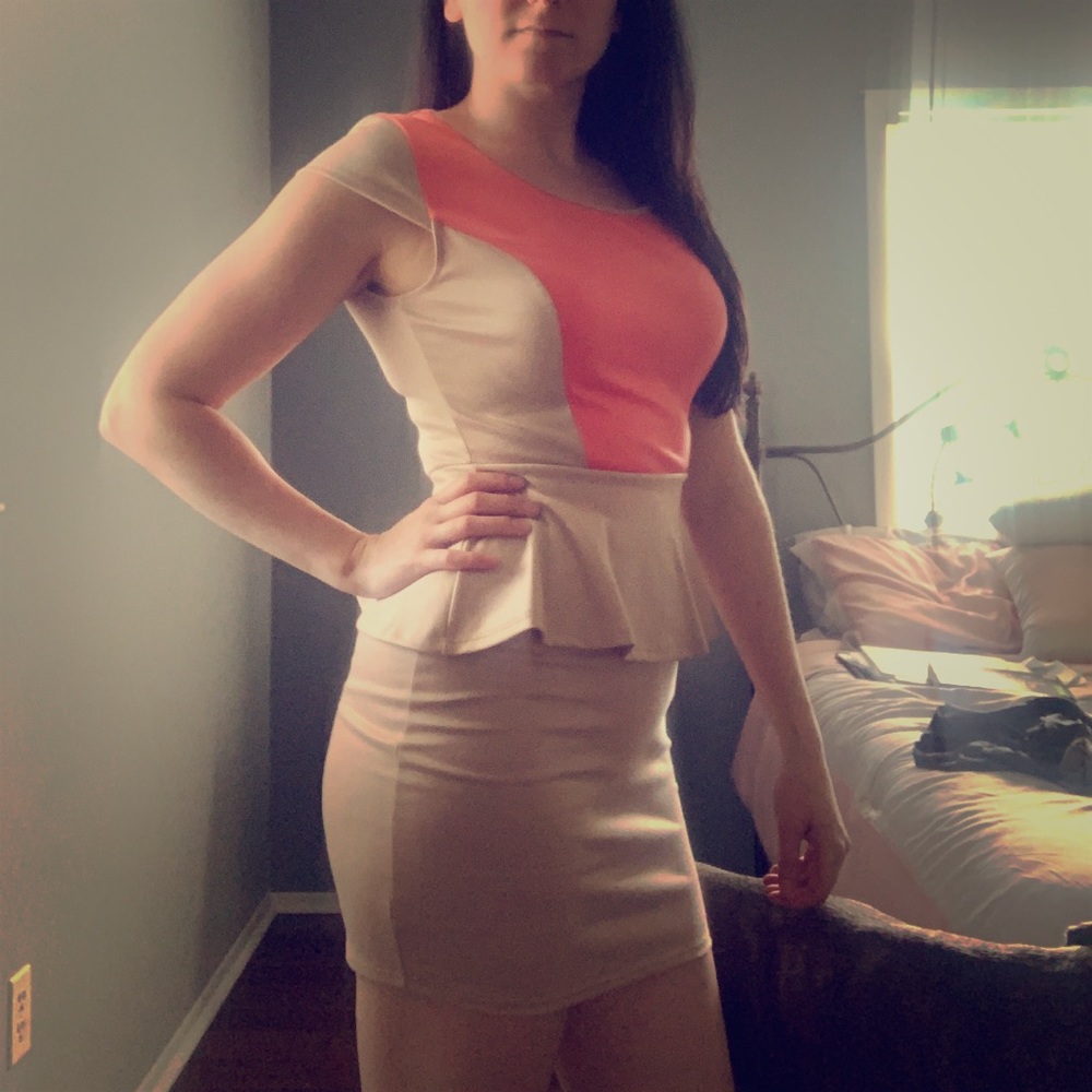 Cream and pink/peach fitted mini dress